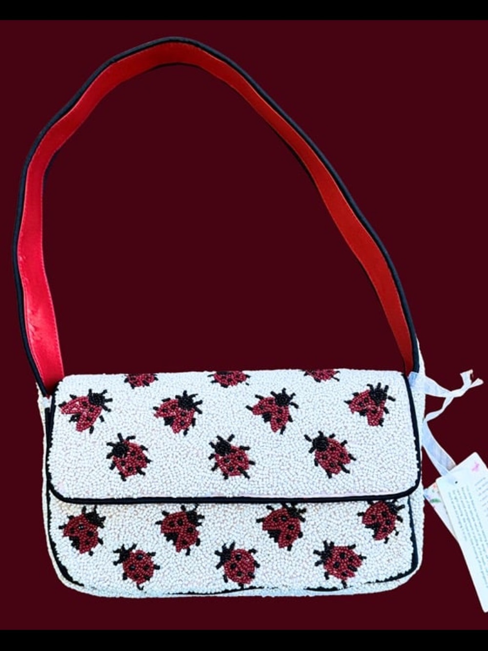 White Beaded Ladybug Shoulder Bag with Red Strap